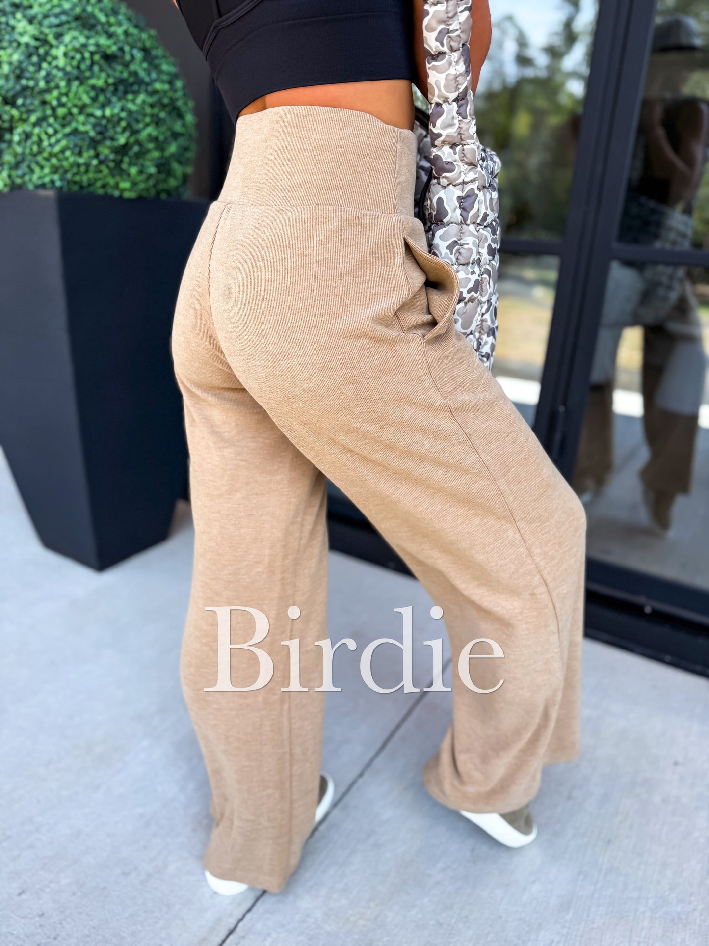 Ribbed Wide Leg Pants with Tummy Control in Tan