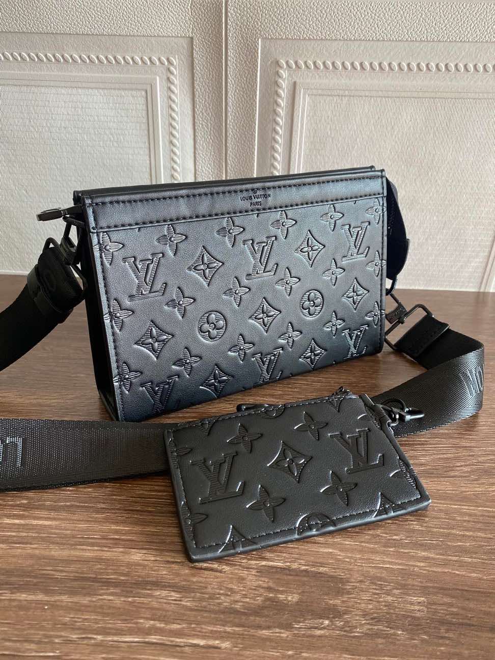 L Mono Black Embossed Side Bag