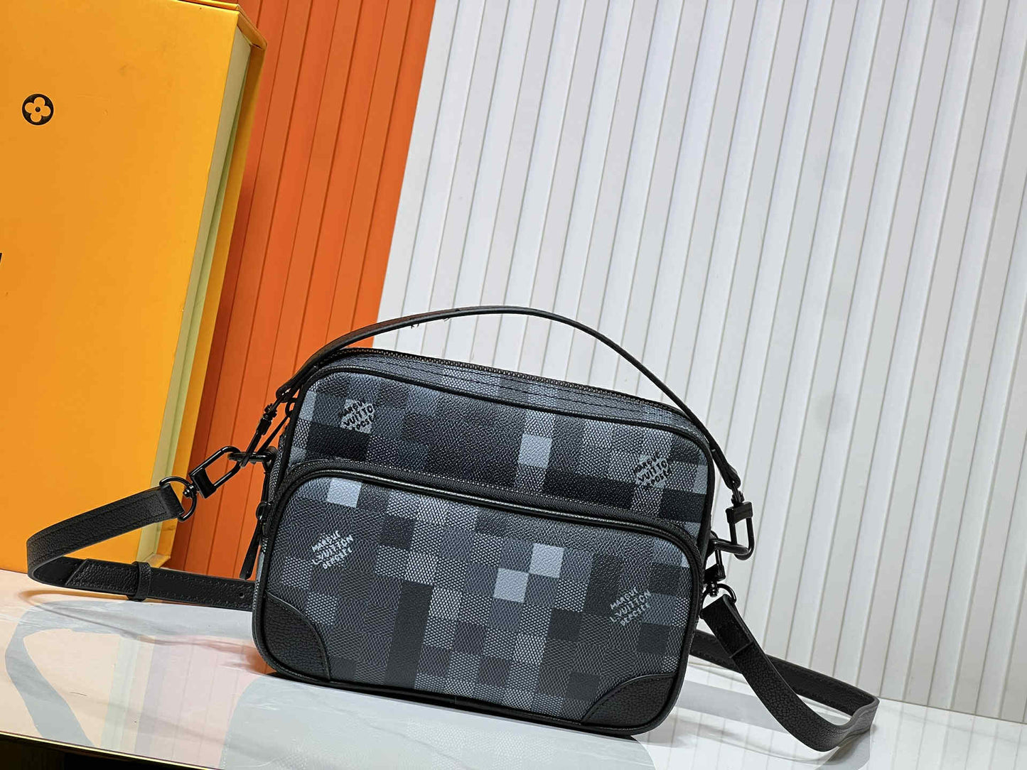 L Black Checker Crossbody Bag