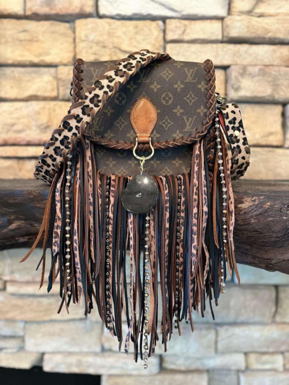 L Boho Fringe Bag Leopard Strap