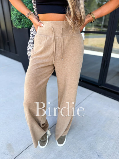 Ribbed Wide Leg Pants with Tummy Control in Tan