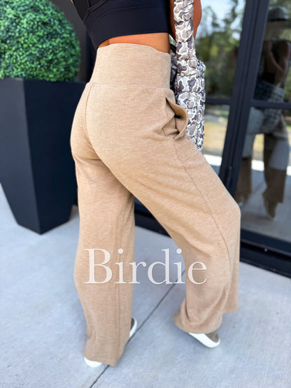 Ribbed Wide Leg Pants with Tummy Control in Tan