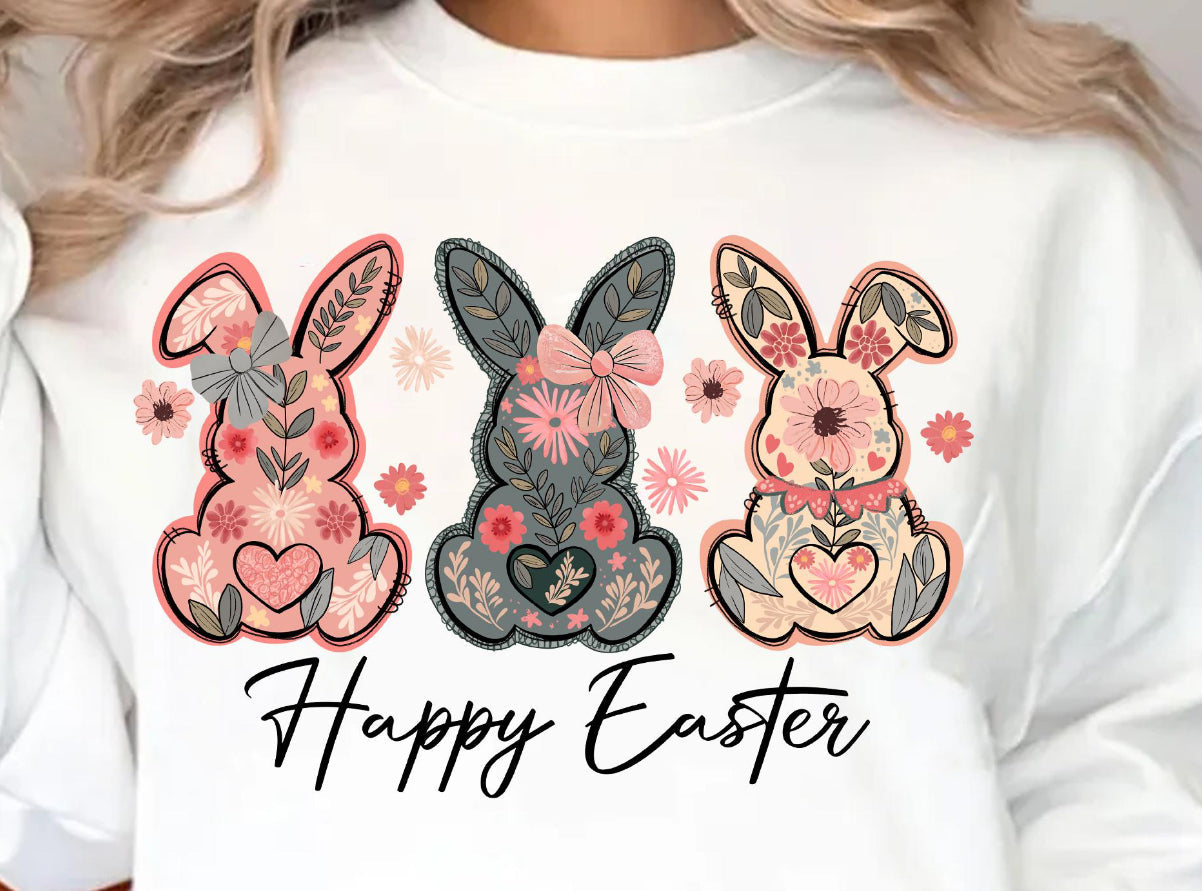 Happy Easter floral bunnies ADULT TEE OR PULLOVER