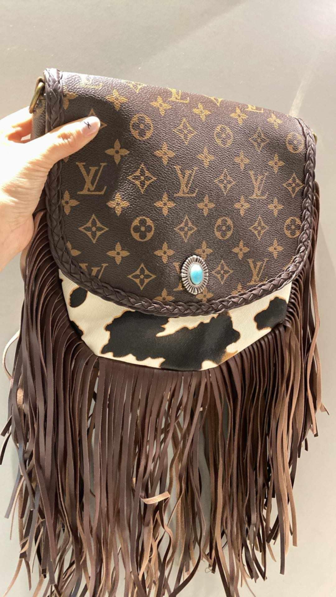 L Boho Fringe Cow Print Turquoise