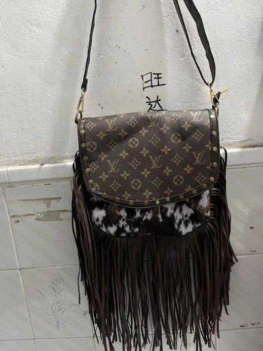 L Boho Fringe Cow Print